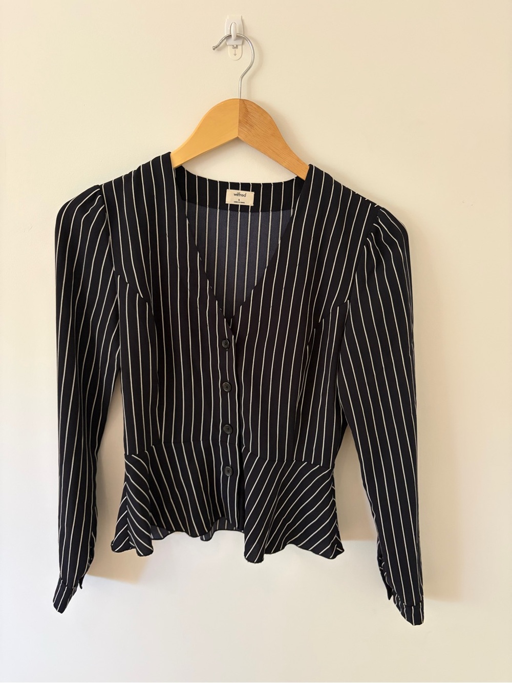 Wilfred Black and White Vertical Stripe V-Neck Button Blouse